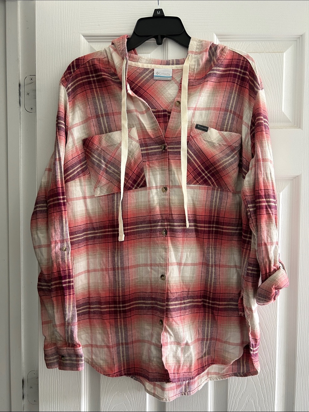 Columbia Coral and Cream Plaid Shirt with Burgundy Accents